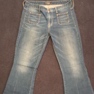 Guess Blue Flare Wide Leg Jeans with Vintage Distress